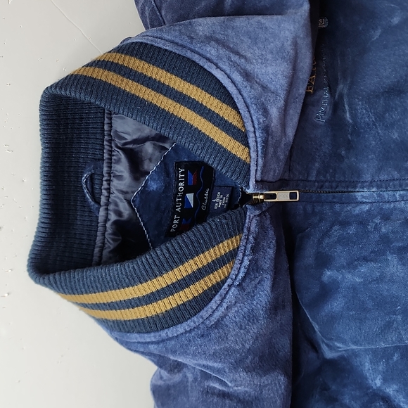 PORT AUTHORITY VINTAGE SUADE BOMBER LEATHER JACKET, LARGE, BLUE AND BROWN - Picture 10 of 10
